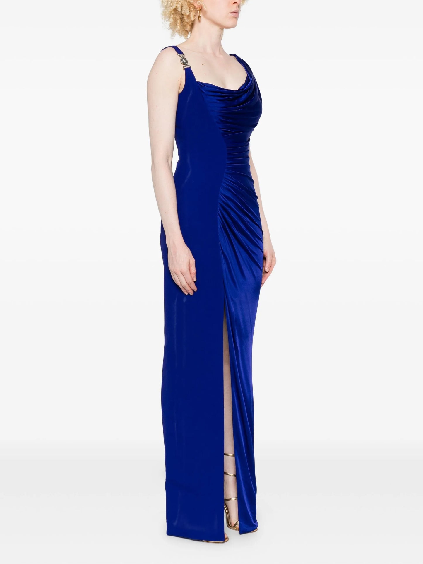 draped one-shoulder gown