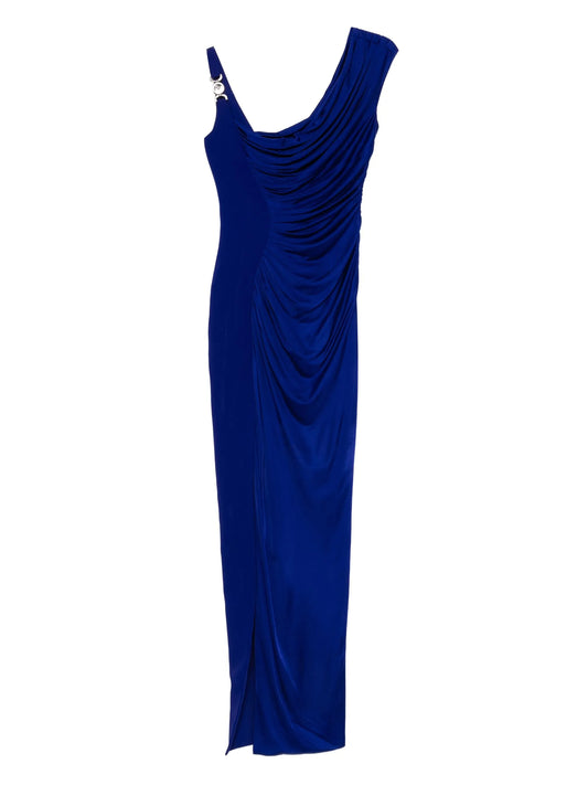 draped one-shoulder gown