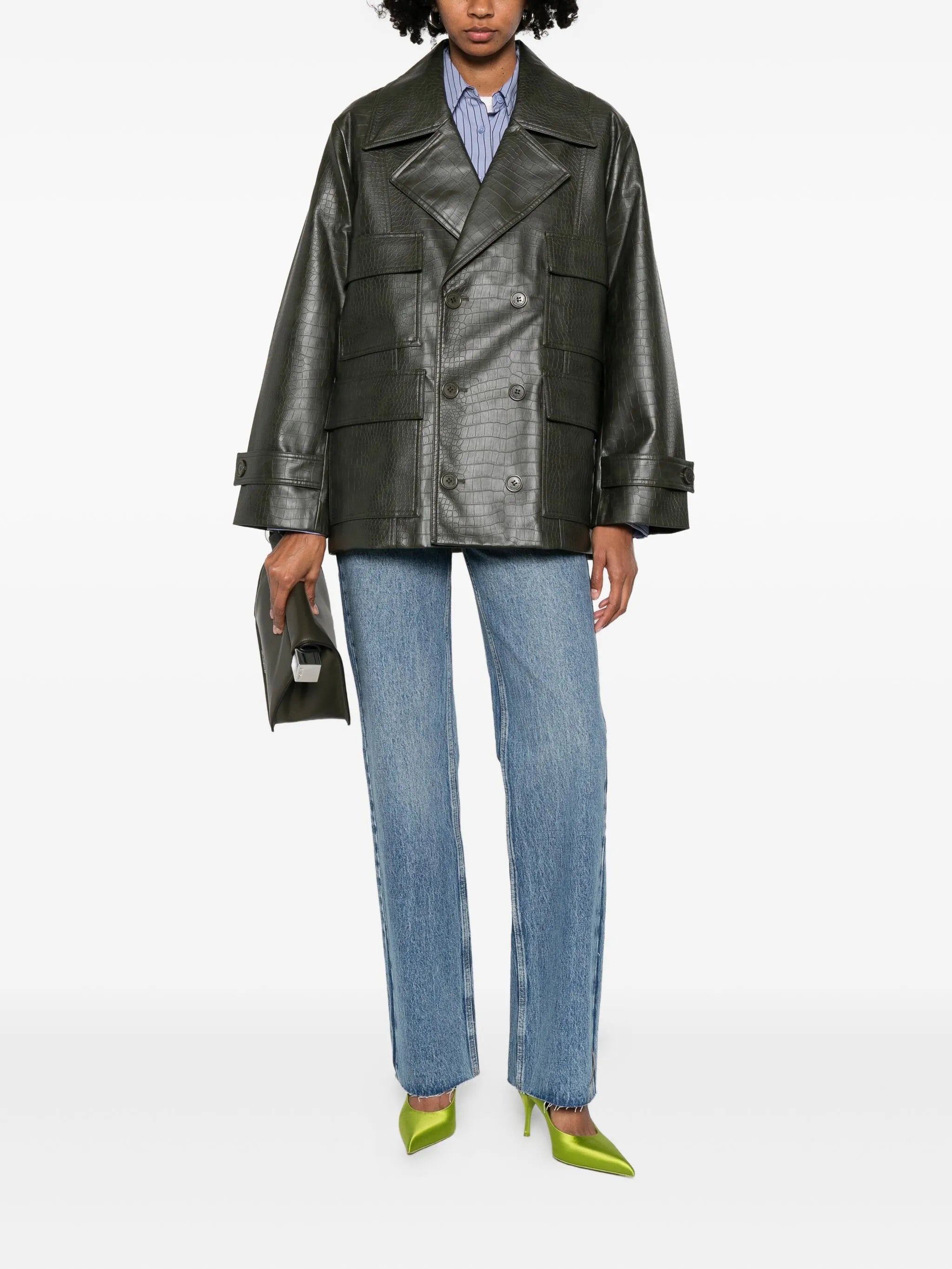 faux leather double-breasted coat
