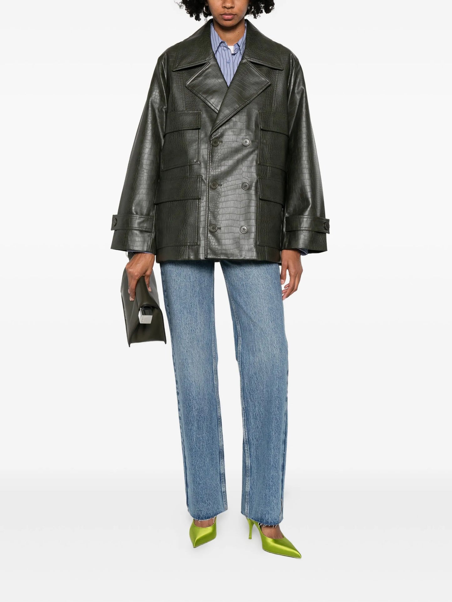 faux leather double-breasted coat