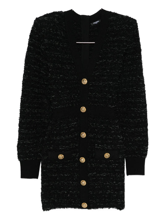 pockets button knit tweed dress