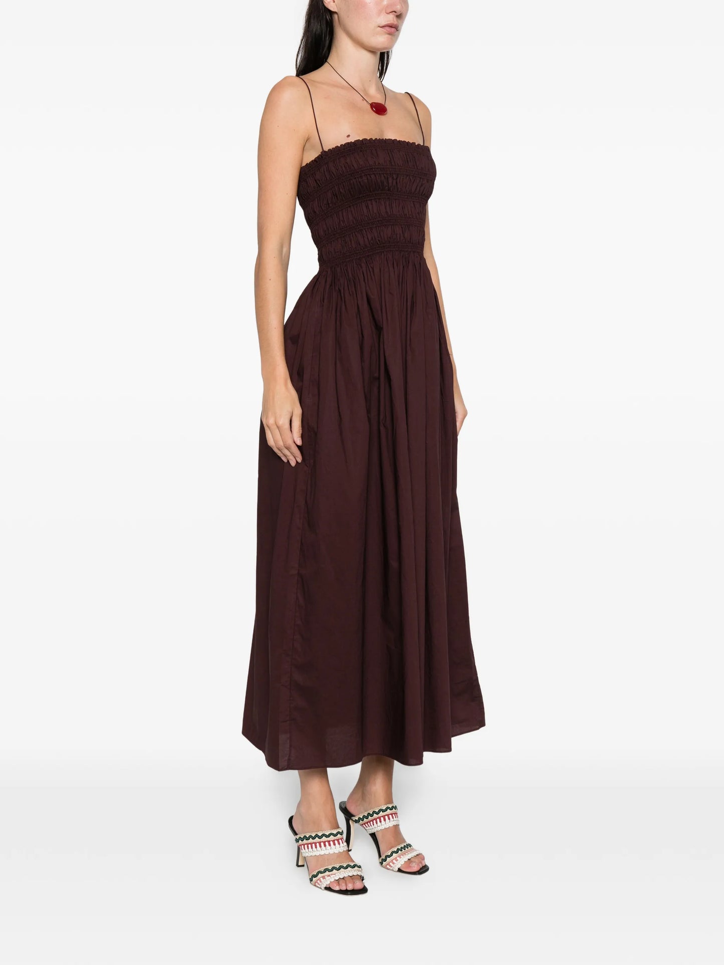shirred bodice midi dress