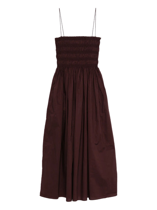 shirred bodice midi dress