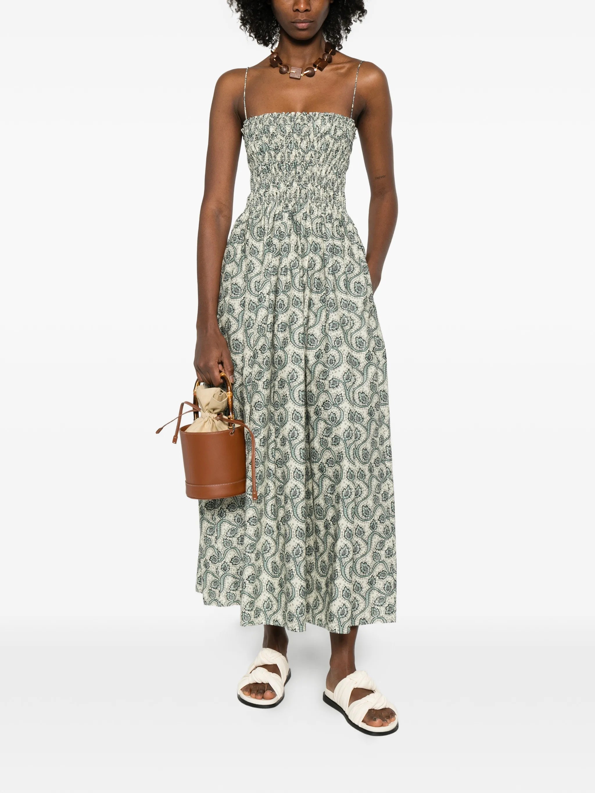 shirred printed maxi dress