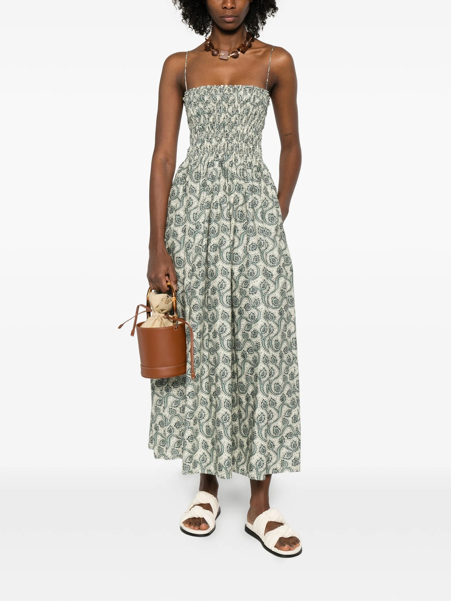 shirred printed maxi dress