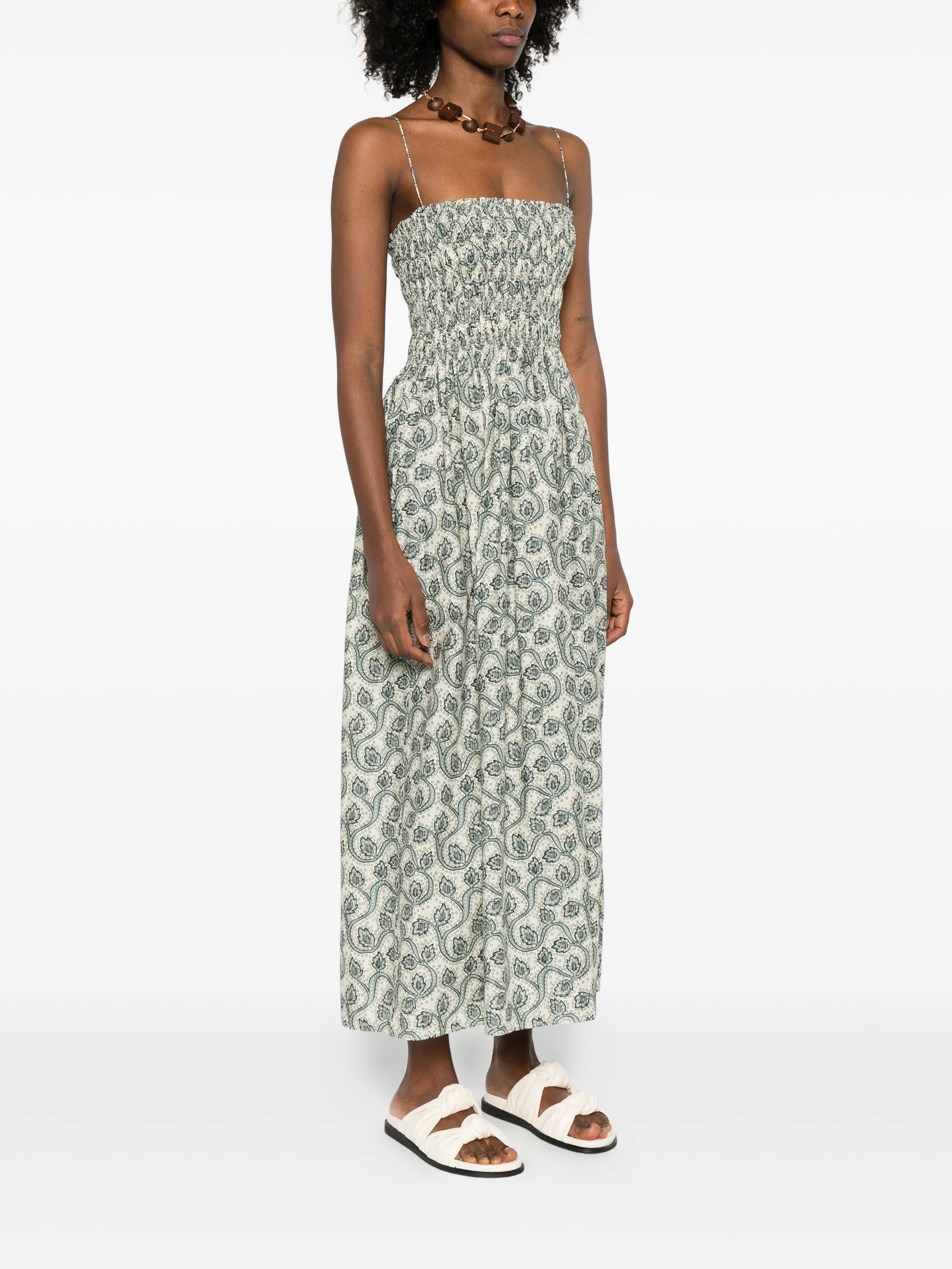 shirred printed maxi dress