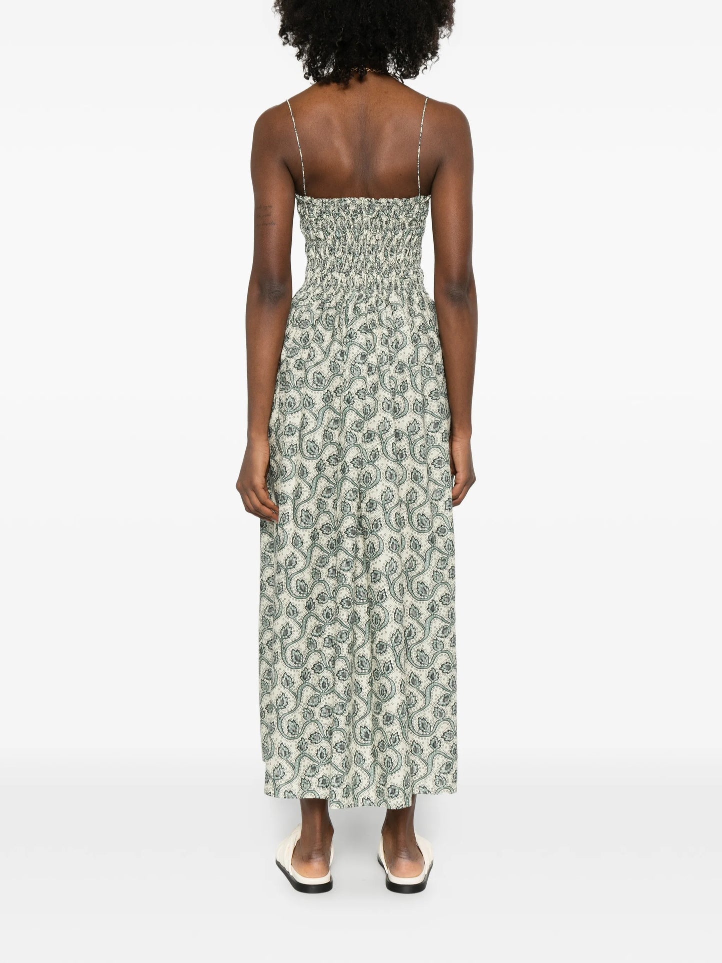 shirred printed maxi dress