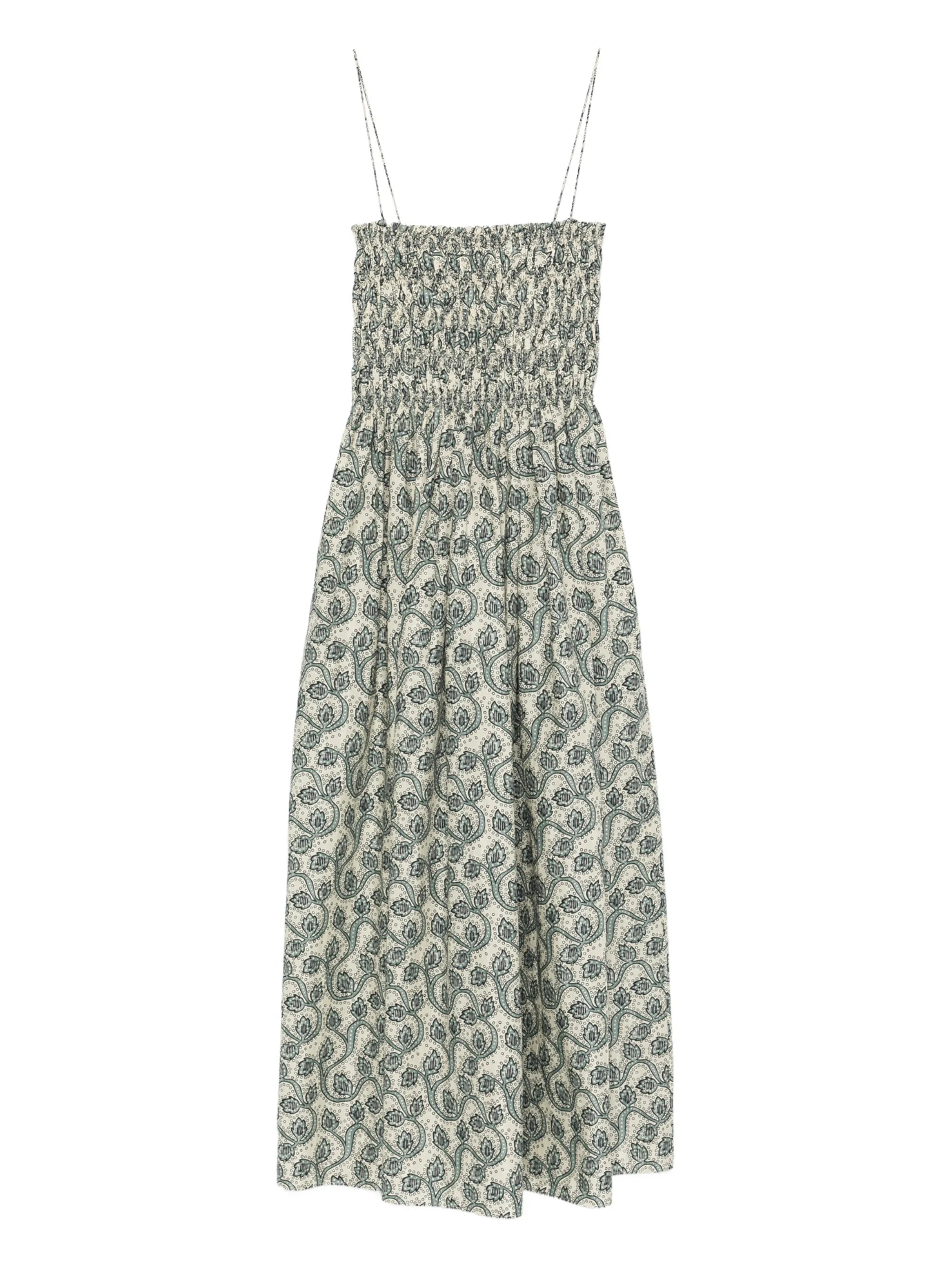 shirred printed maxi dress