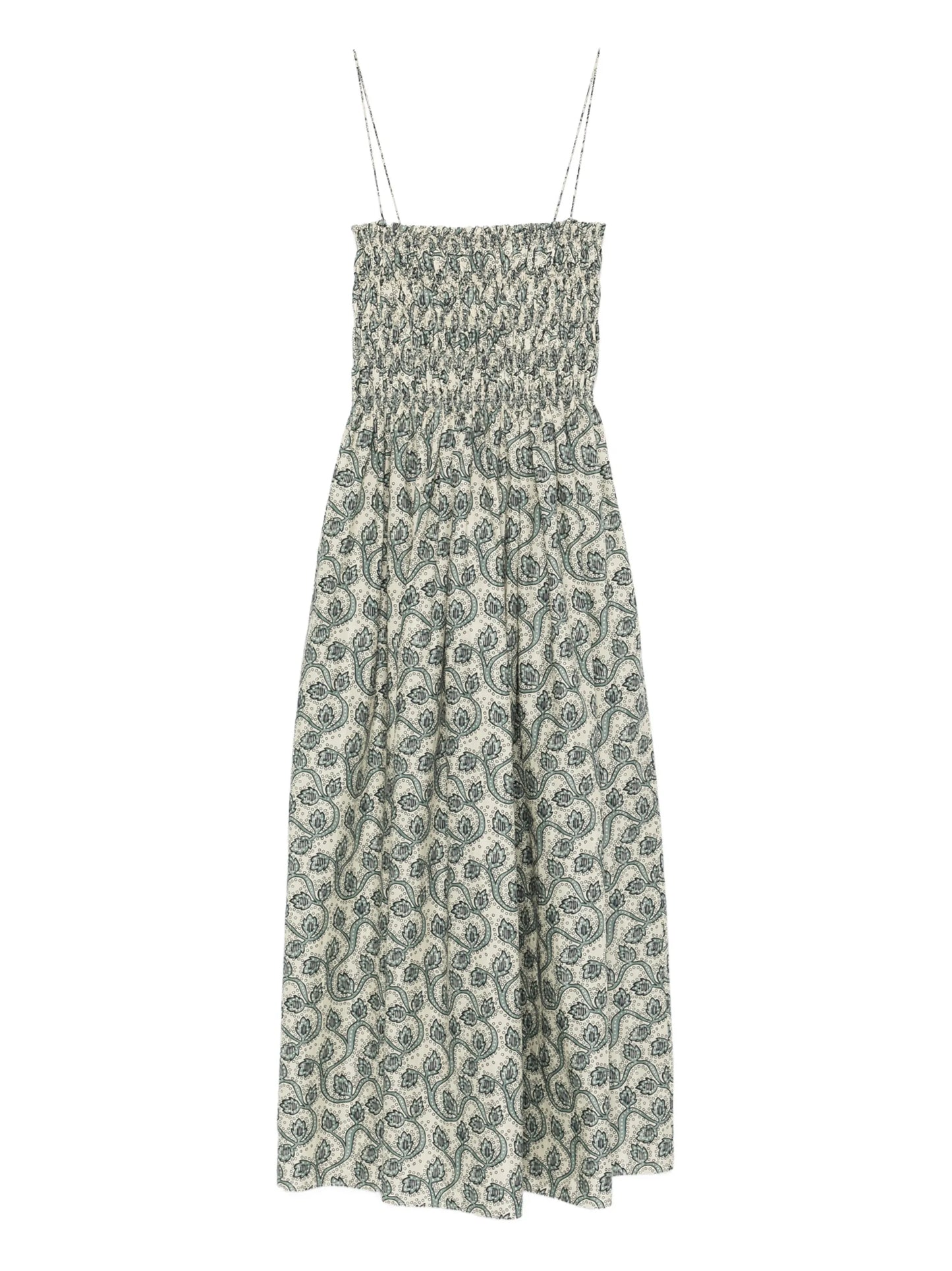 shirred printed maxi dress