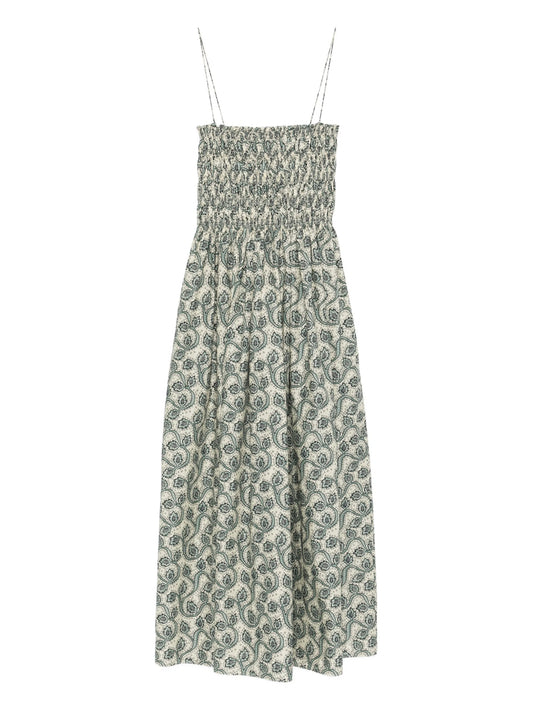 shirred printed maxi dress
