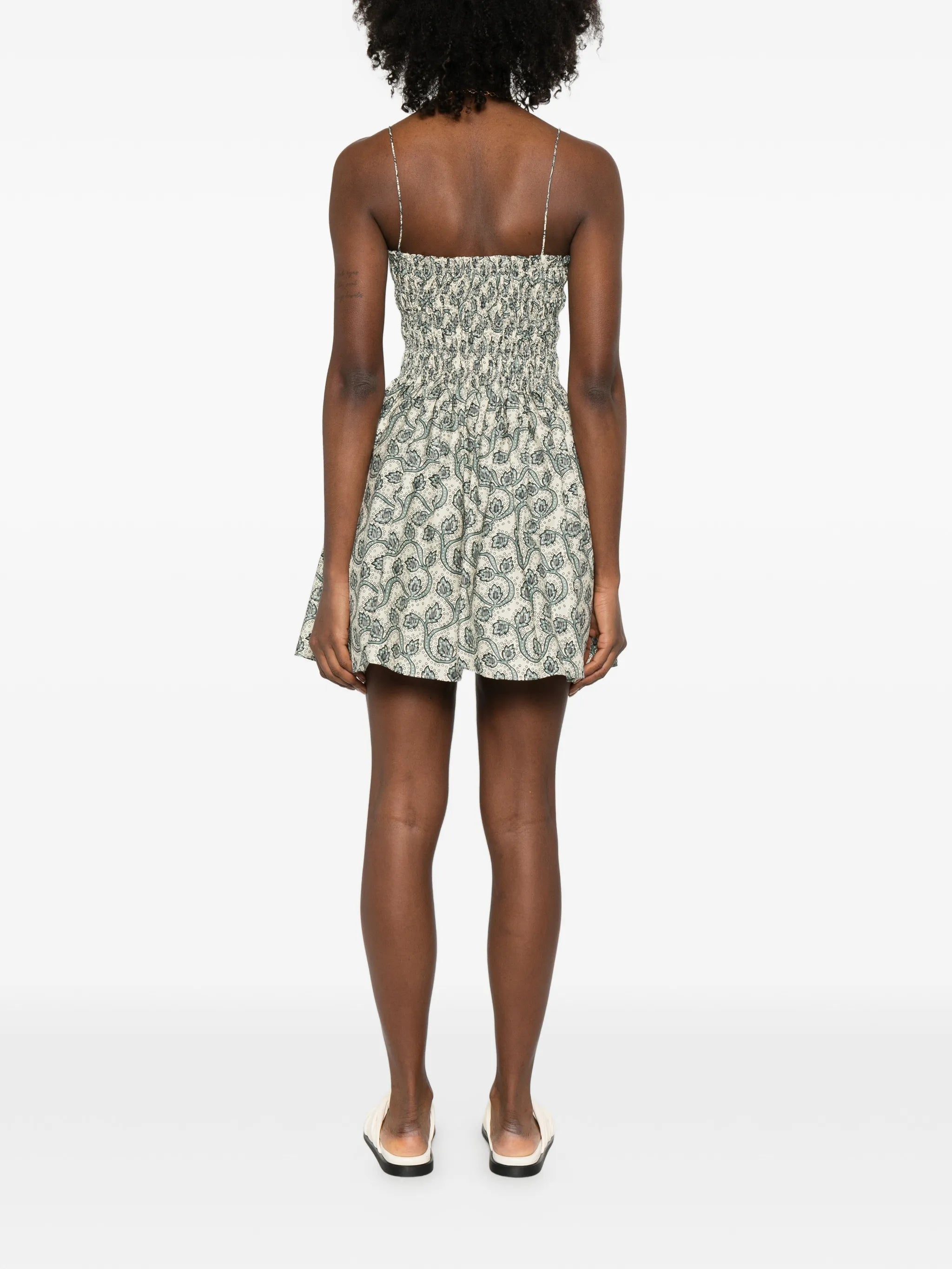 shirred printed mini dress