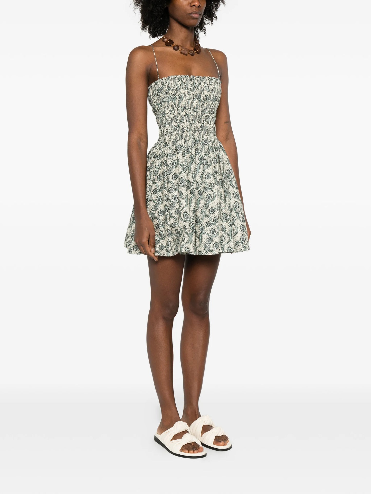 shirred printed mini dress