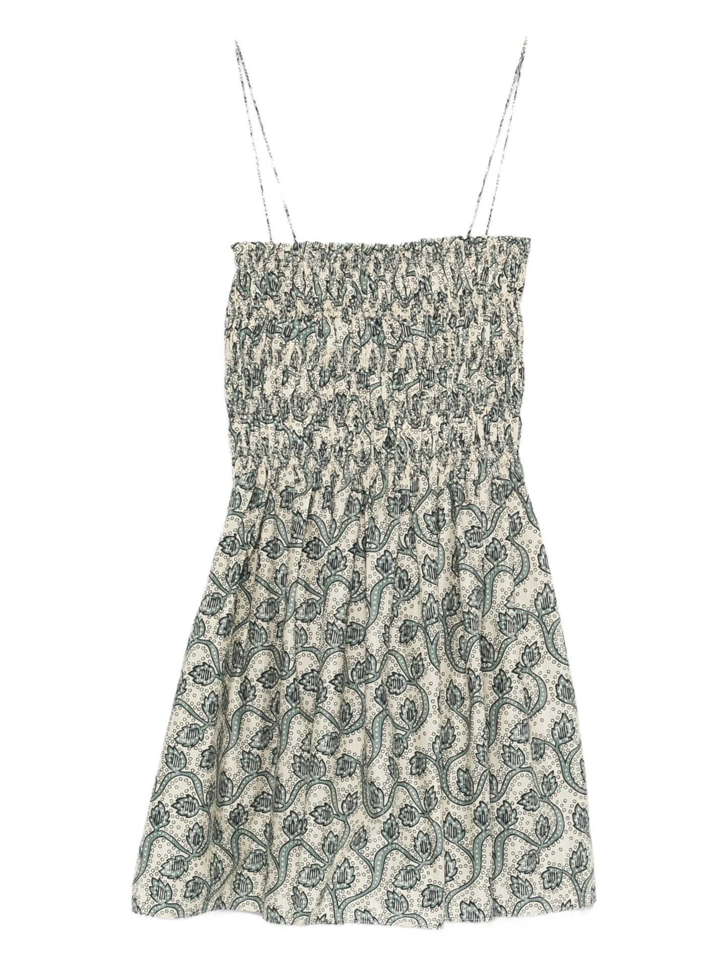 shirred printed mini dress