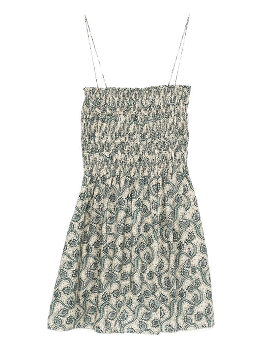 shirred printed mini dress