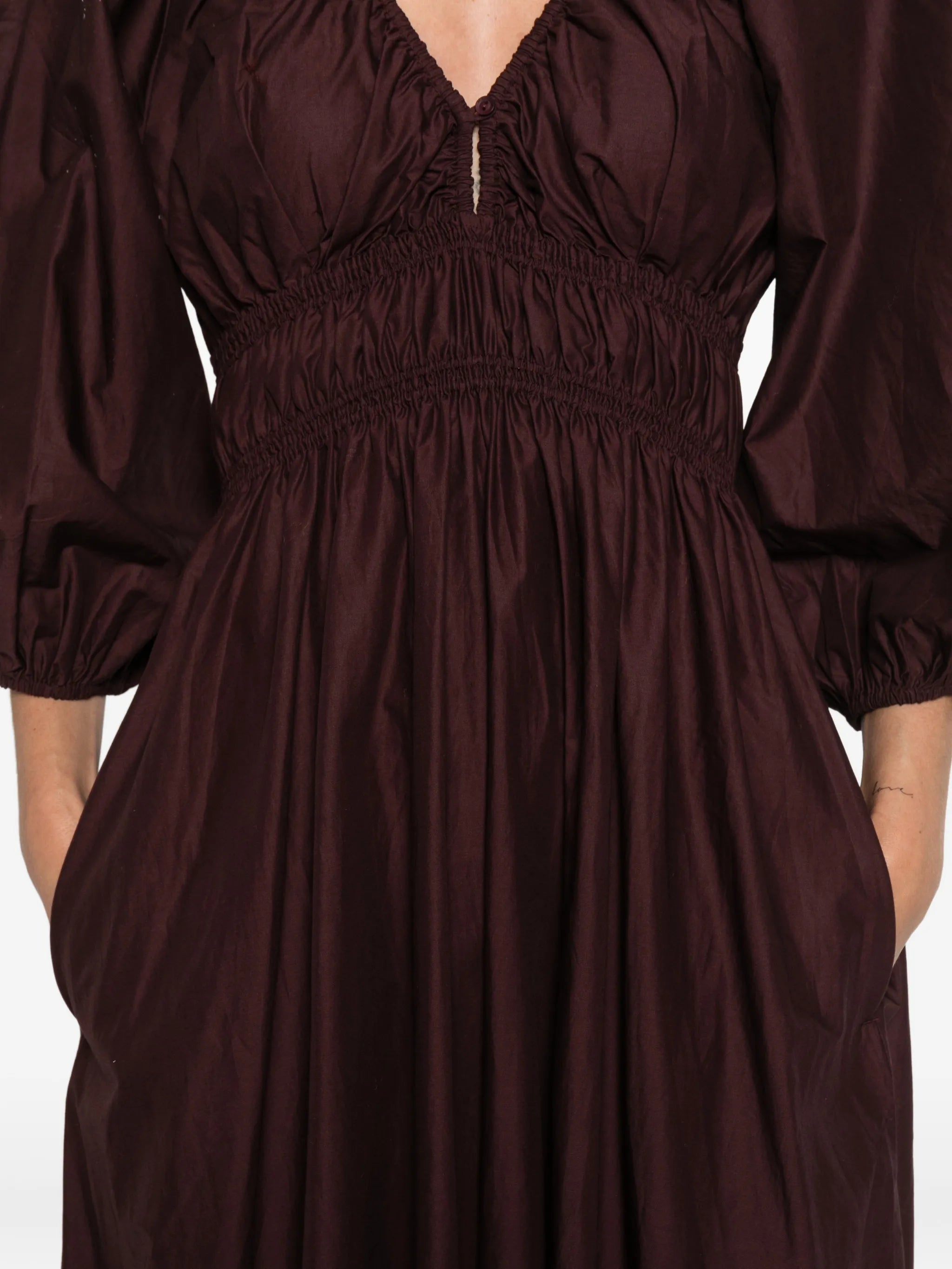 shirred plunge button midi dress