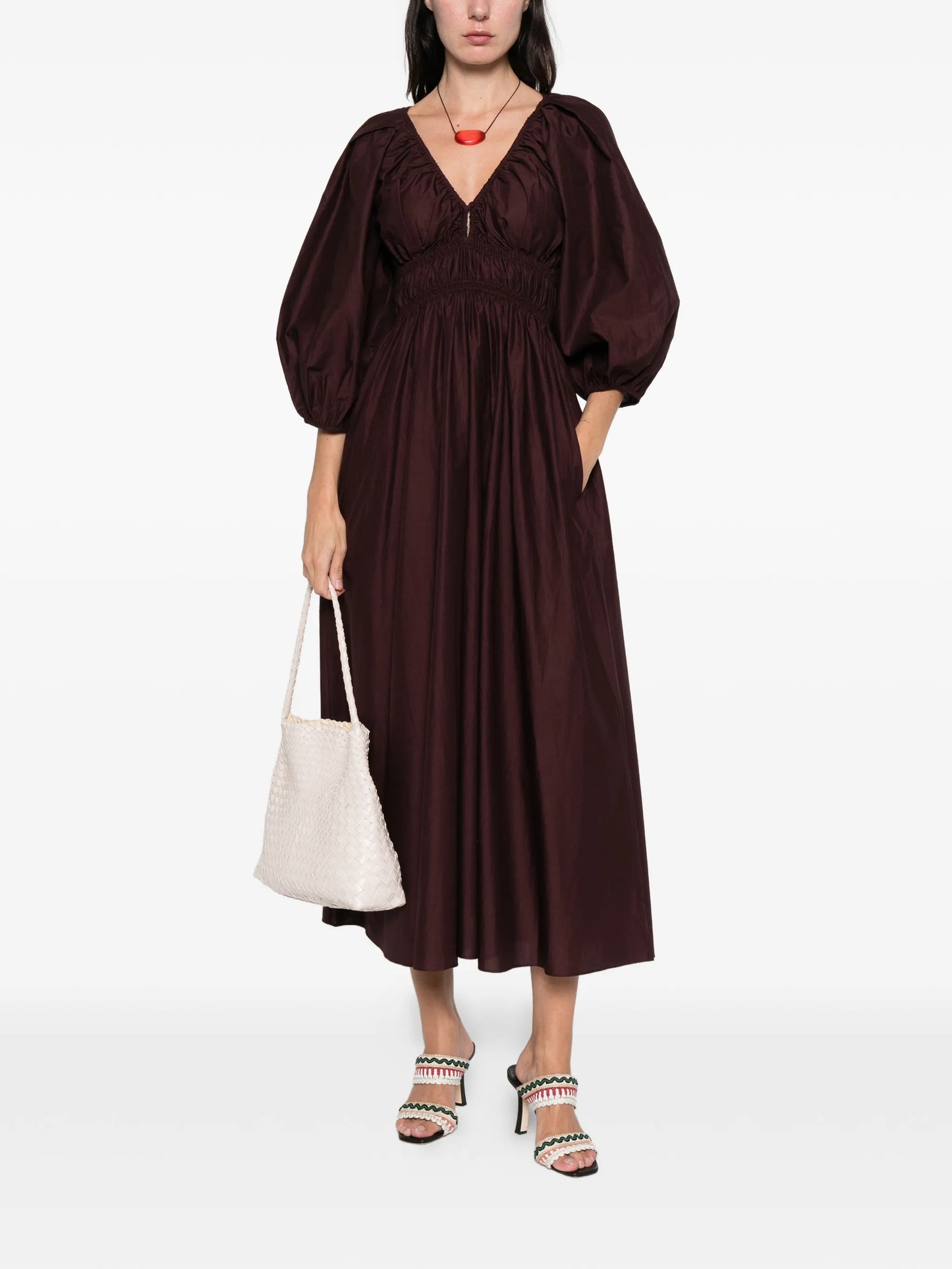 shirred plunge button midi dress