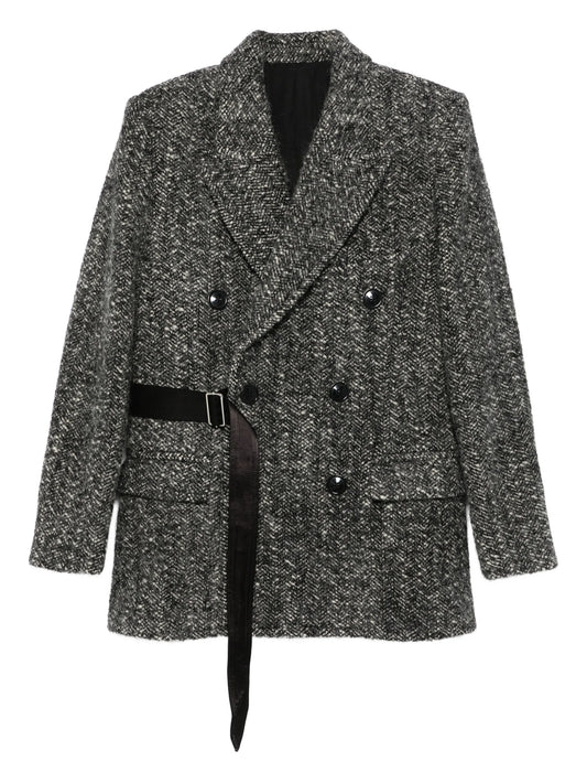 buckle-detail buttoned tweed jacket