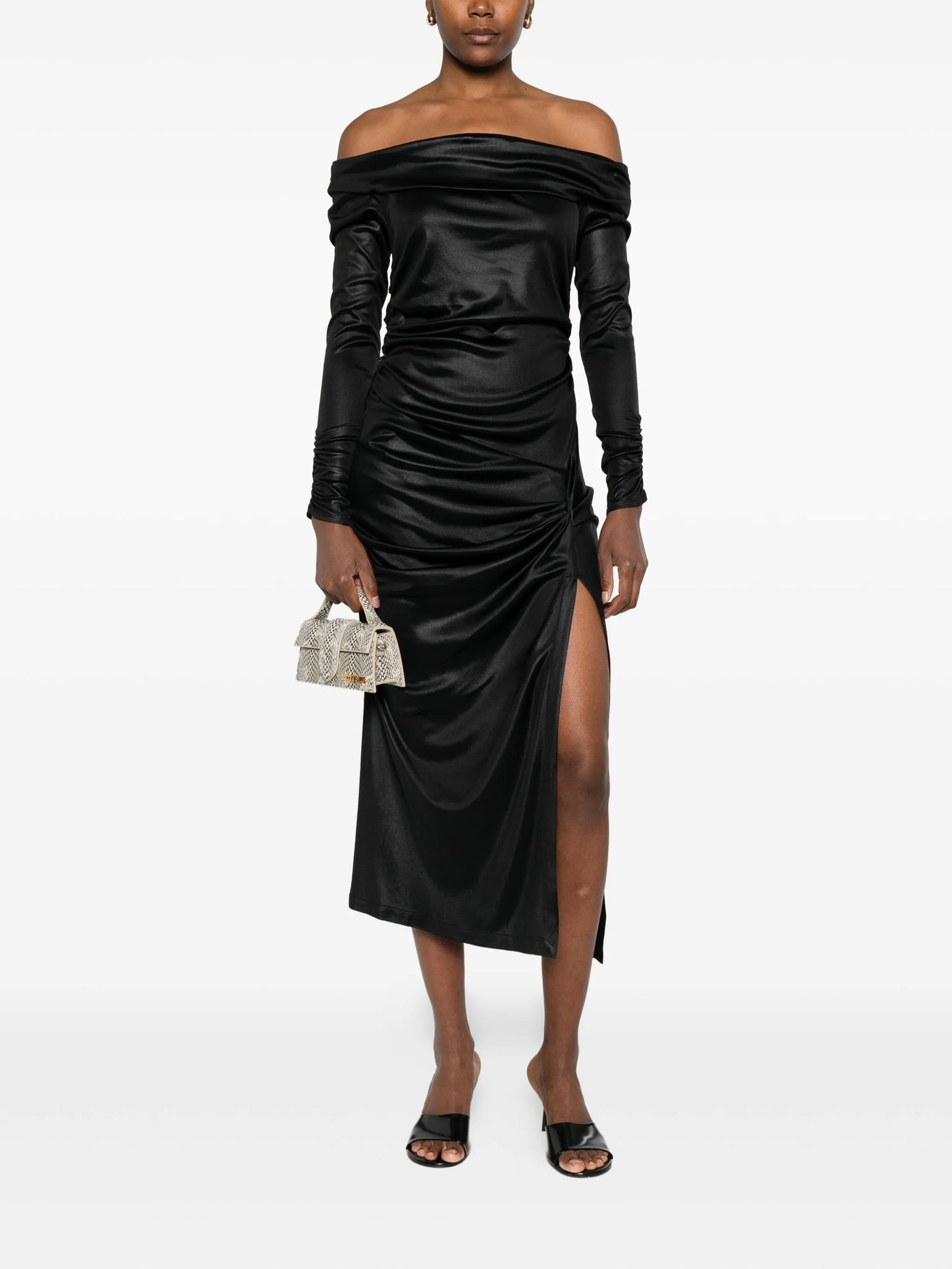off-shoulder draped midi dress