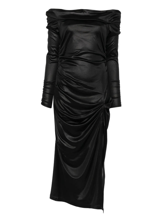 off-shoulder draped midi dress