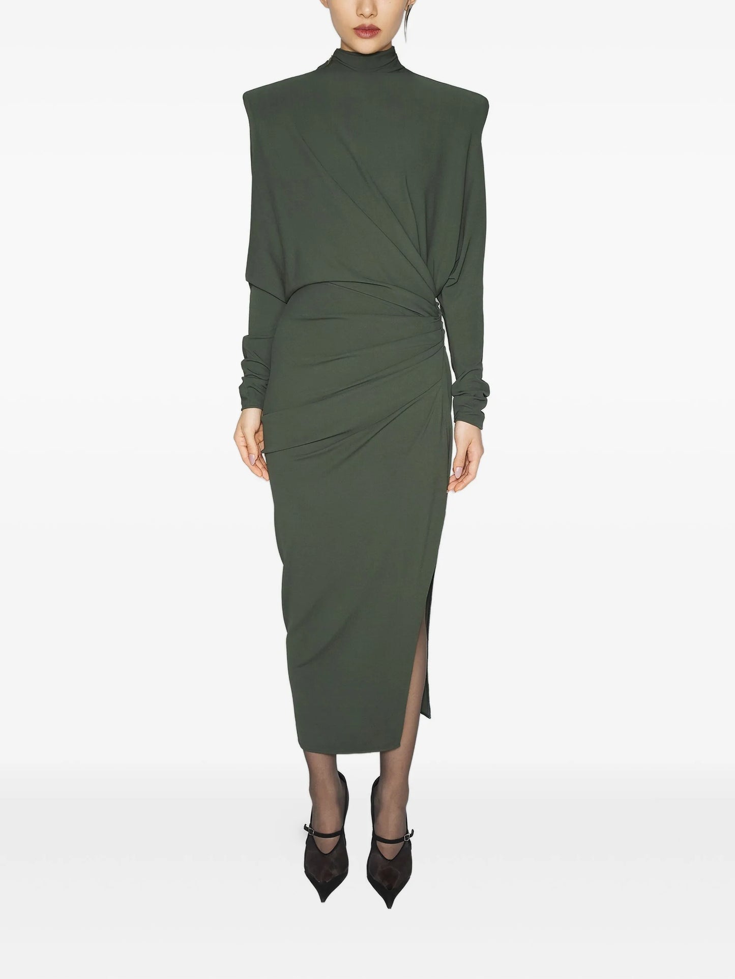 padded-shoulder midi dress