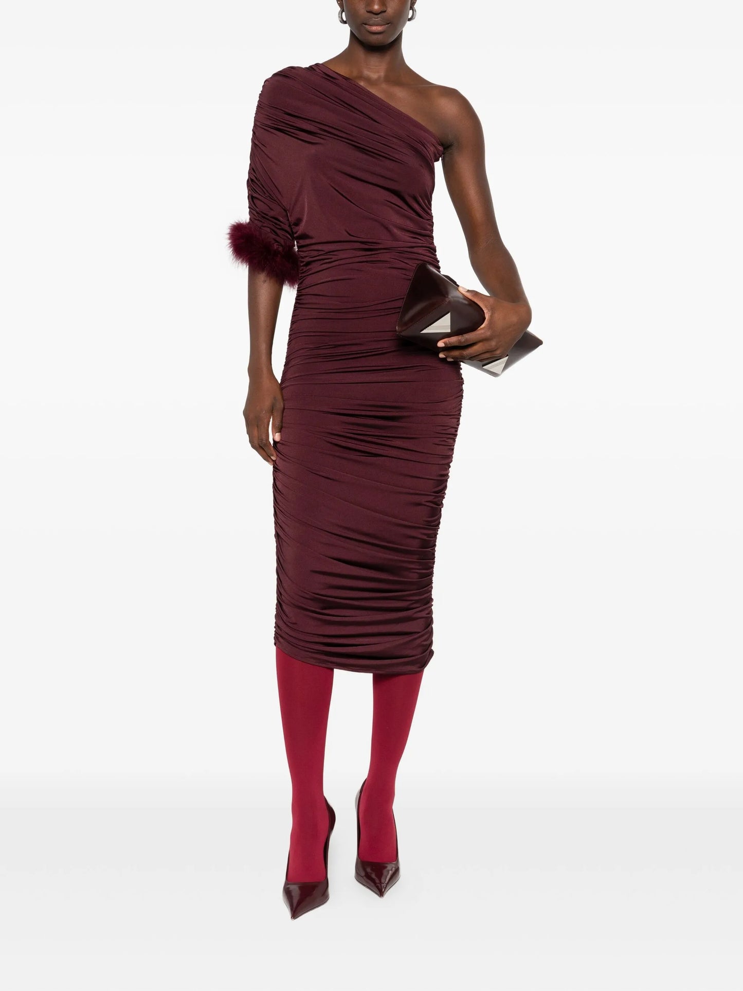 feather-trimmed one-shoulder dress