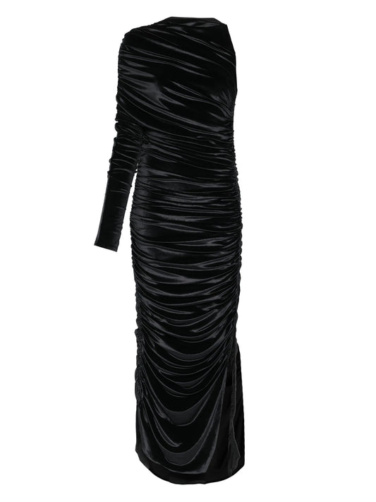 one-shoulder draped midi dress