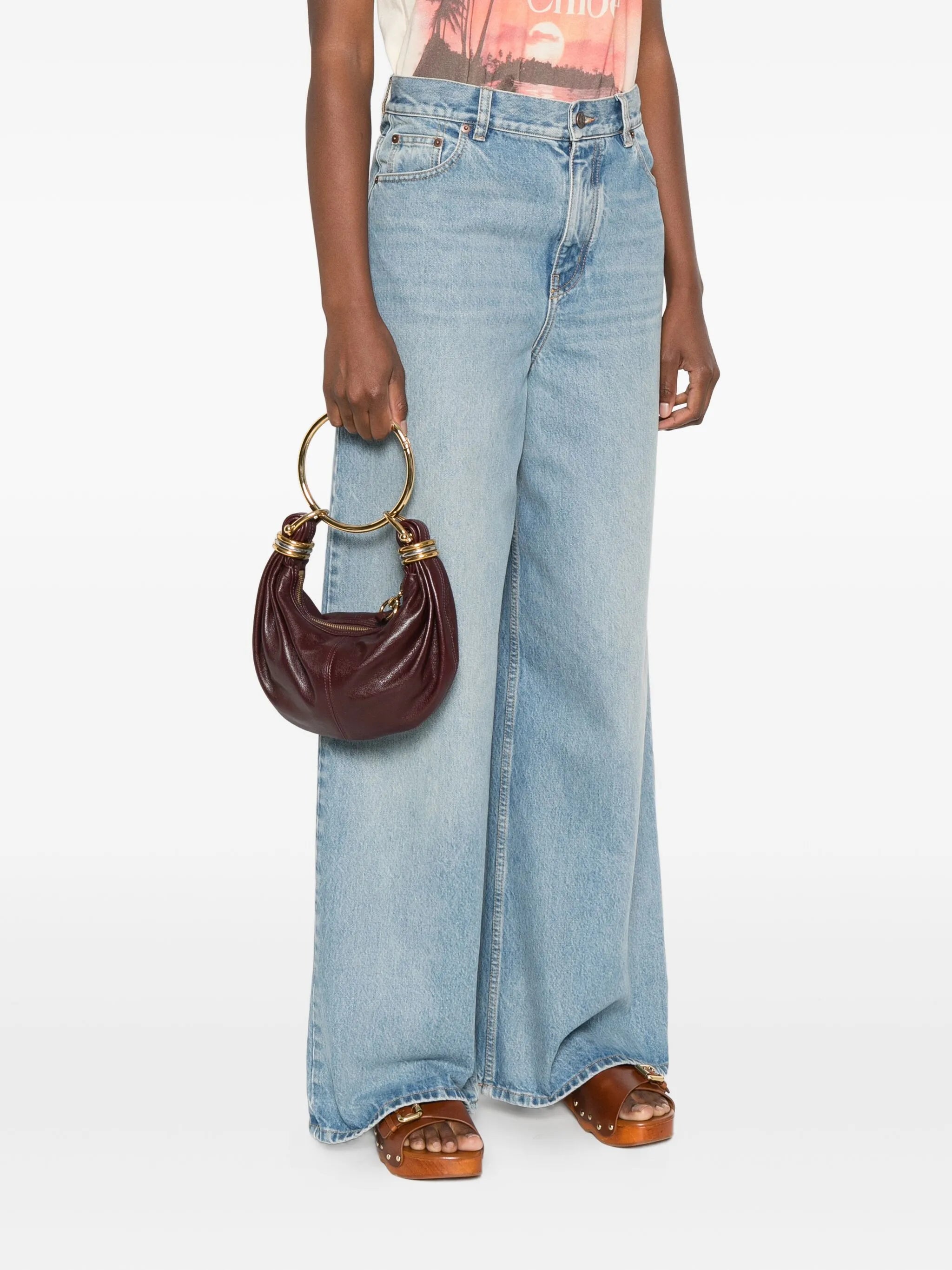 circular-handle leather tote bag