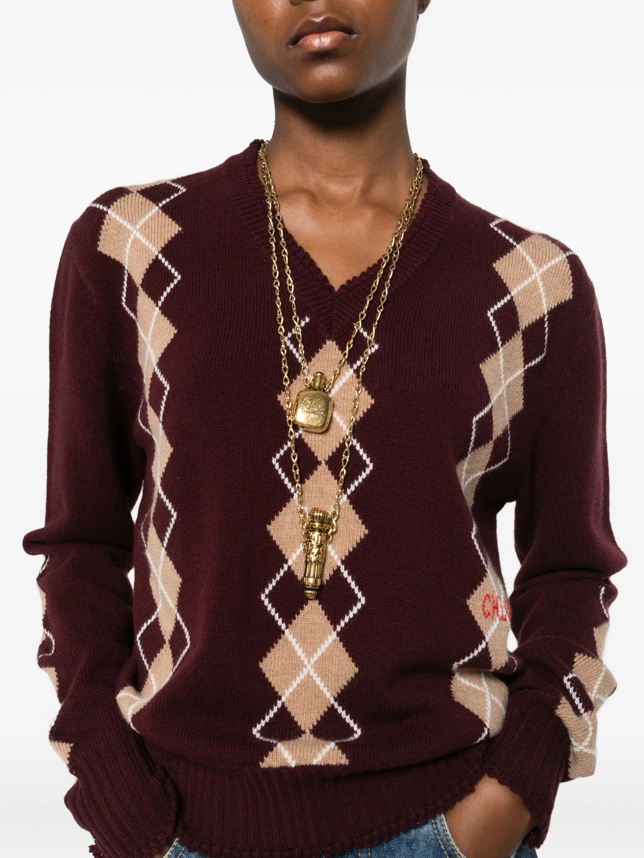 V-neck argyle-knit jumper