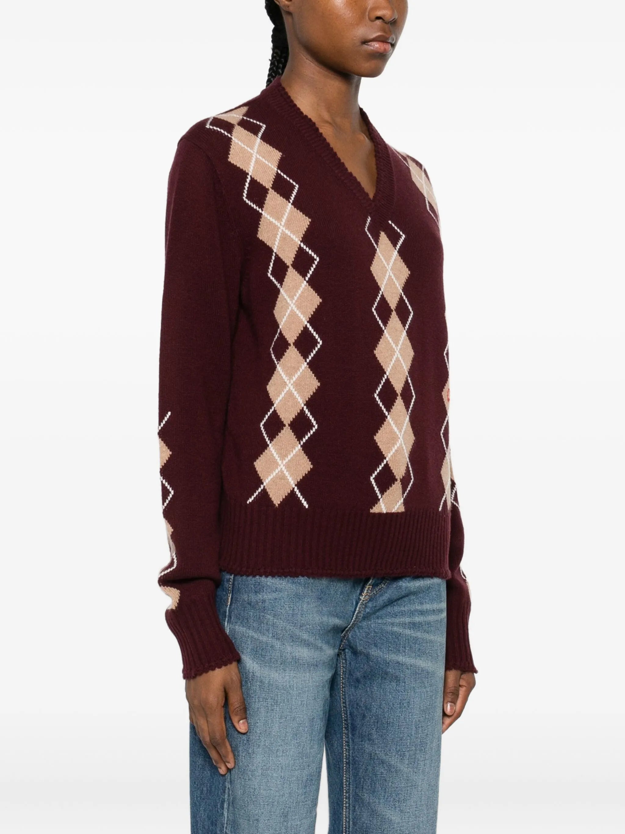 V-neck argyle-knit jumper