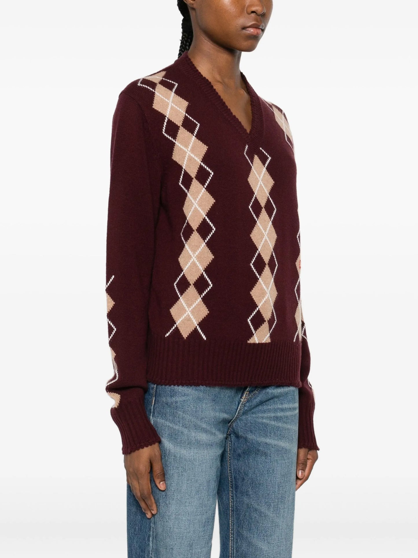 V-neck argyle-knit jumper