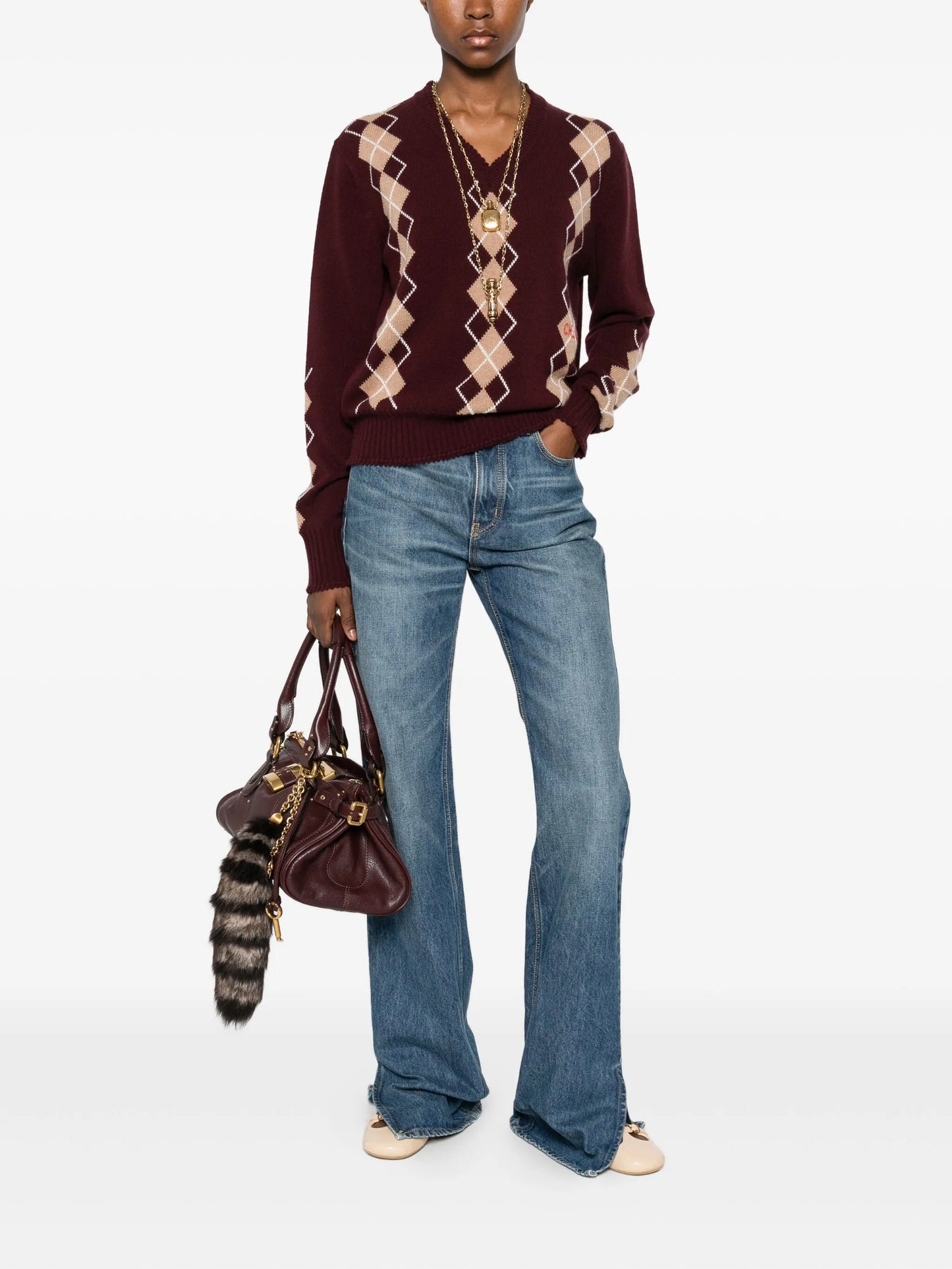 V-neck argyle-knit jumper