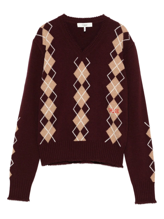 V-neck argyle-knit jumper