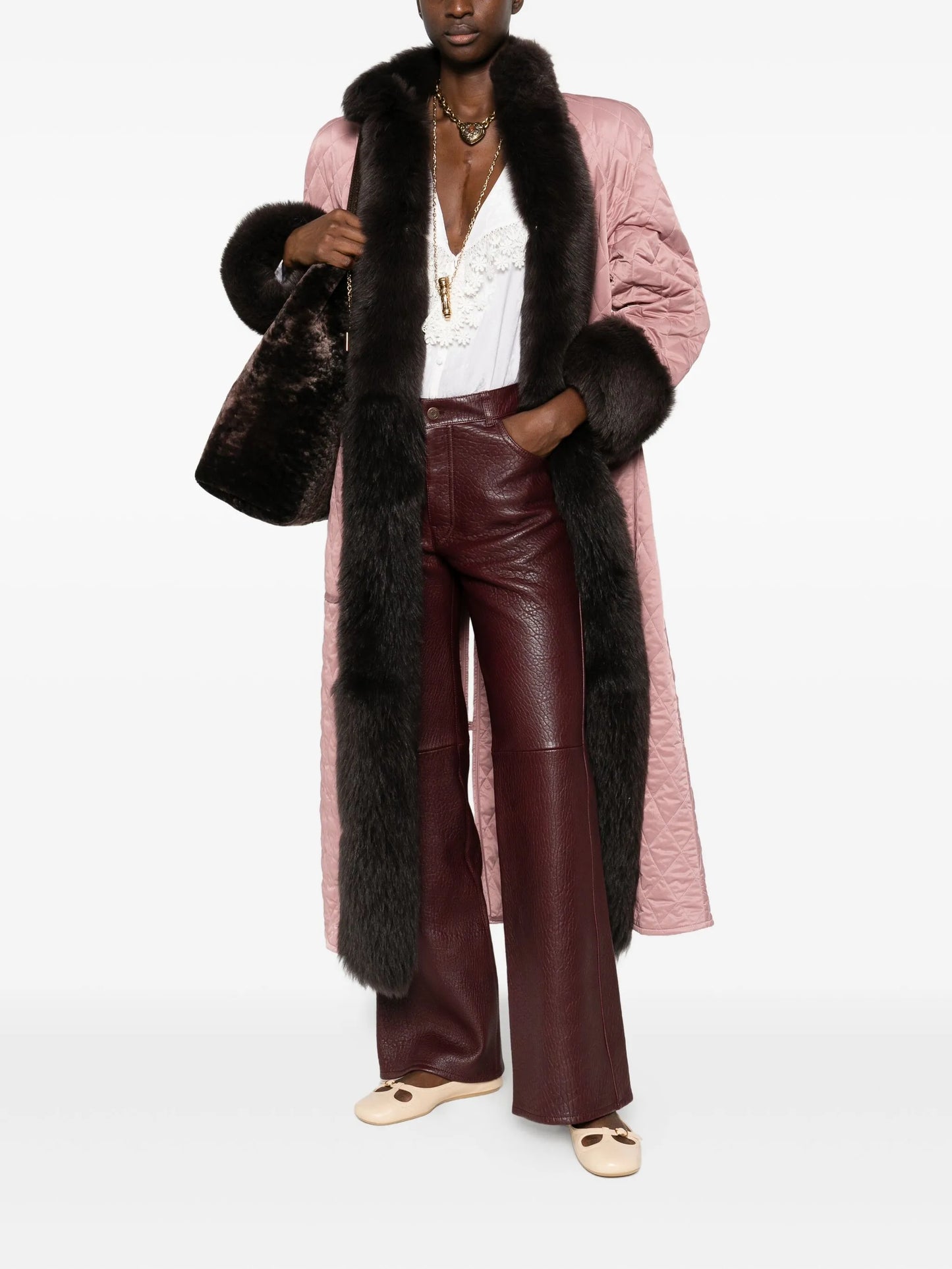 shearling-trim quilted coat