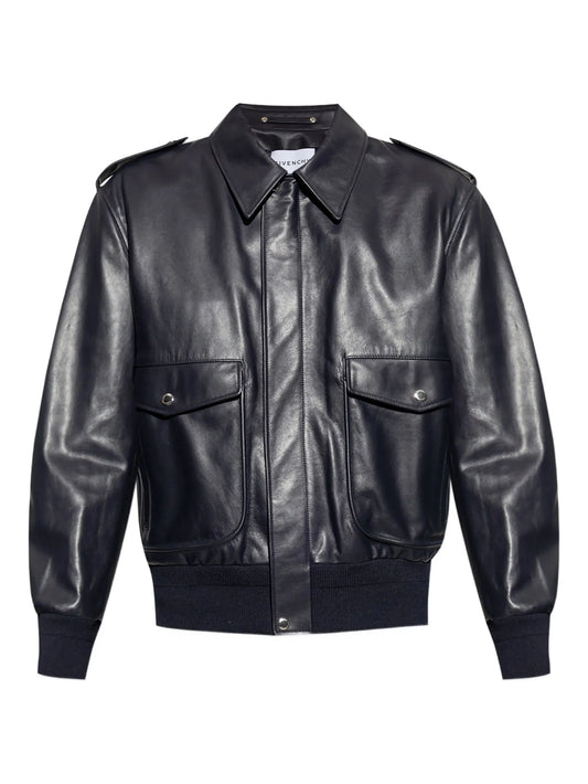 flap-pocket leather jacket