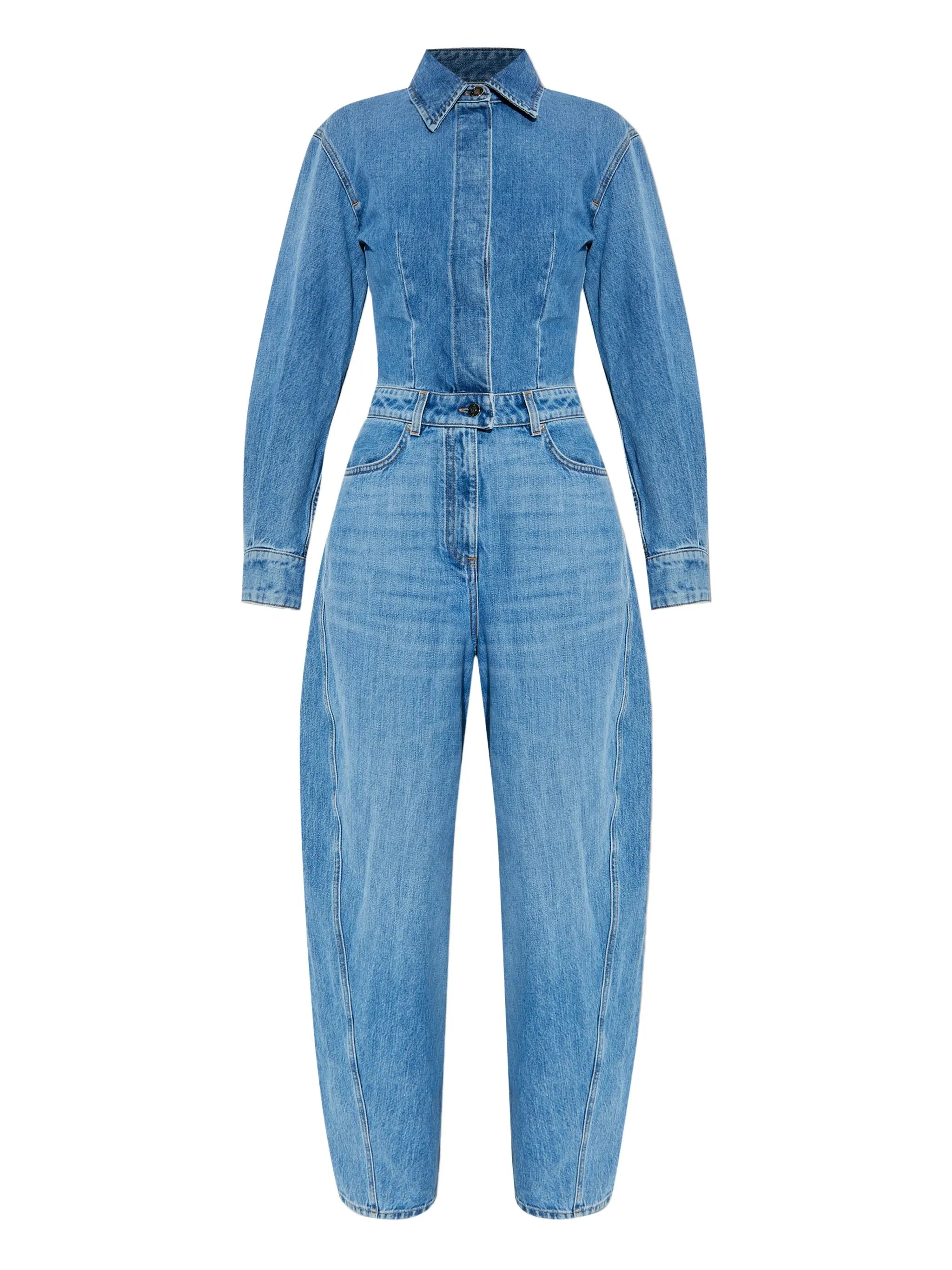 denim shirt-collar jumpsuit