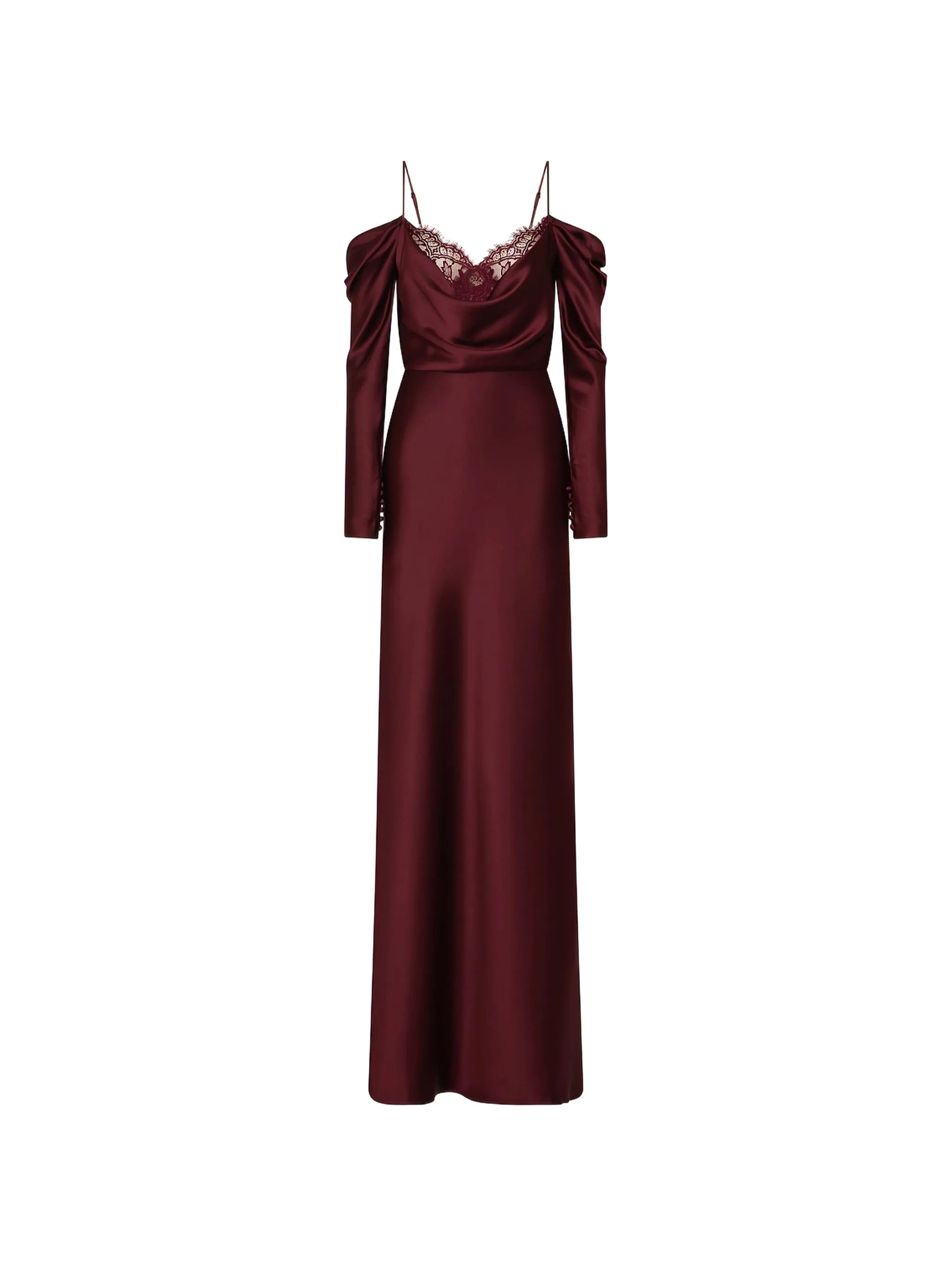 Avalon lace-trimmed cowl-neck gown