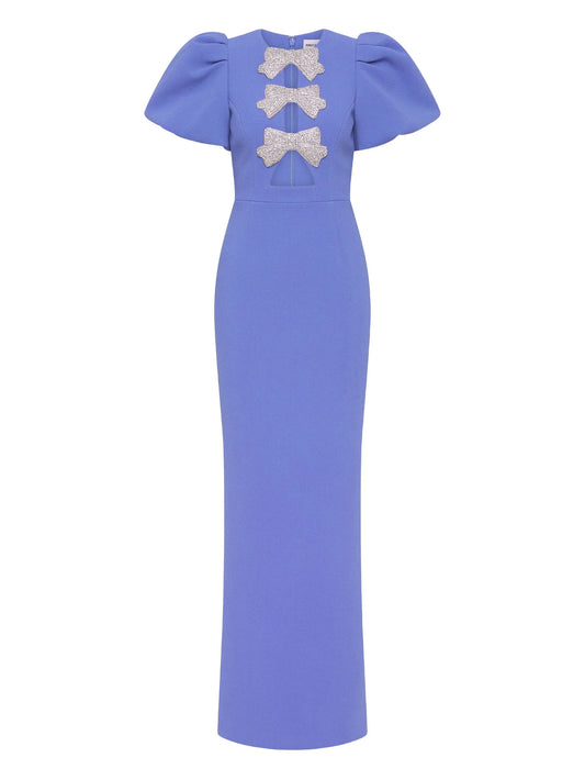 puff-sleeves embellished maxi evening dress