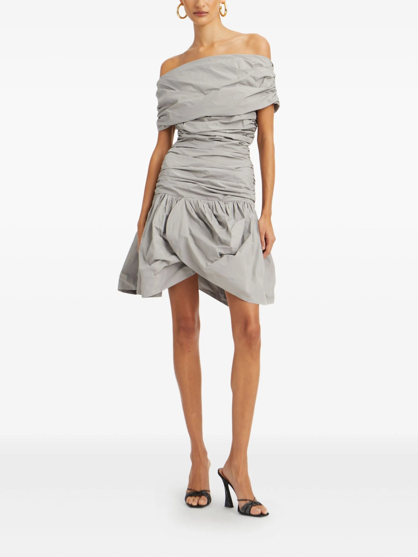 off-shoulder ruched mini dress