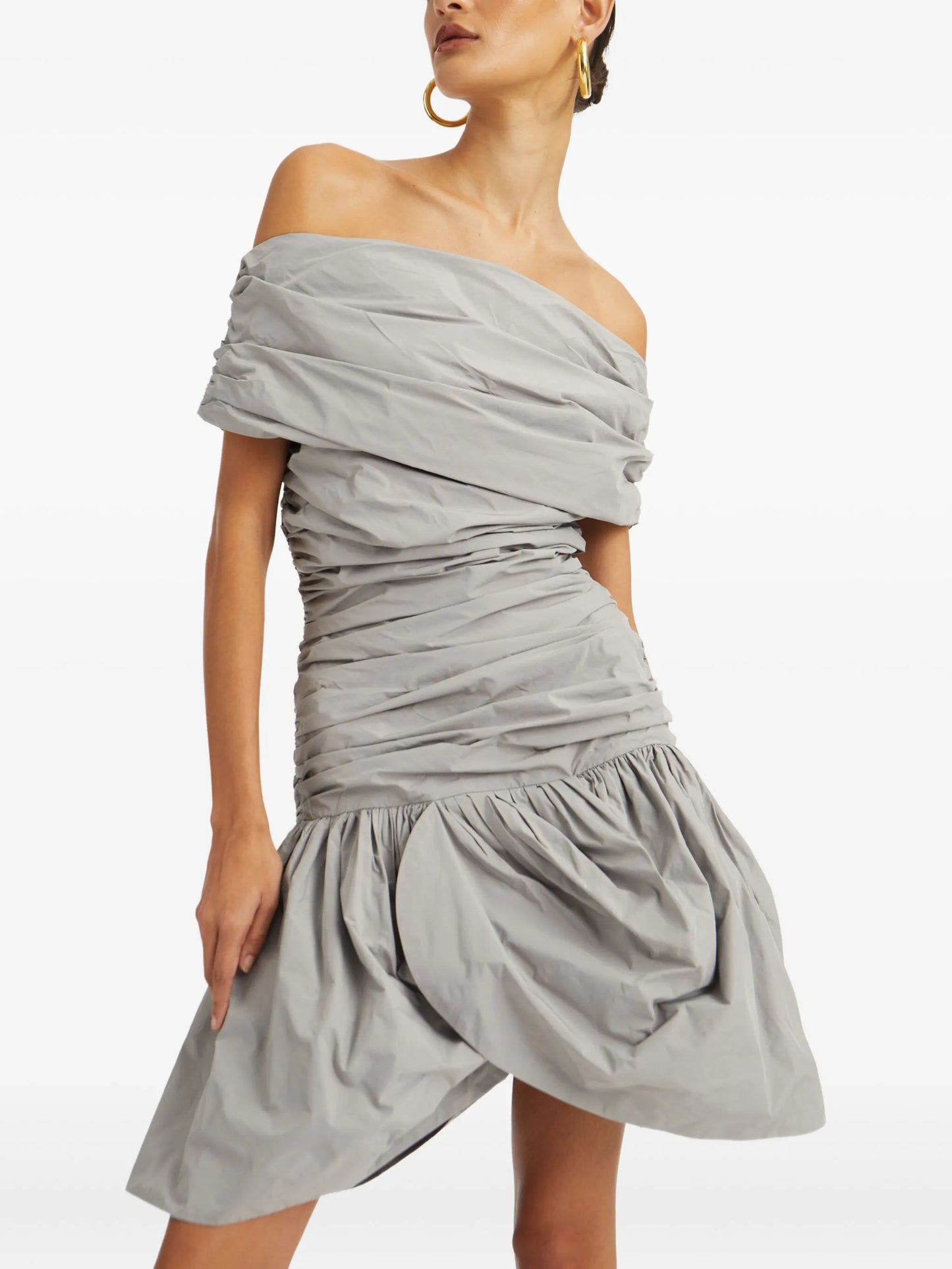 off-shoulder ruched mini dress