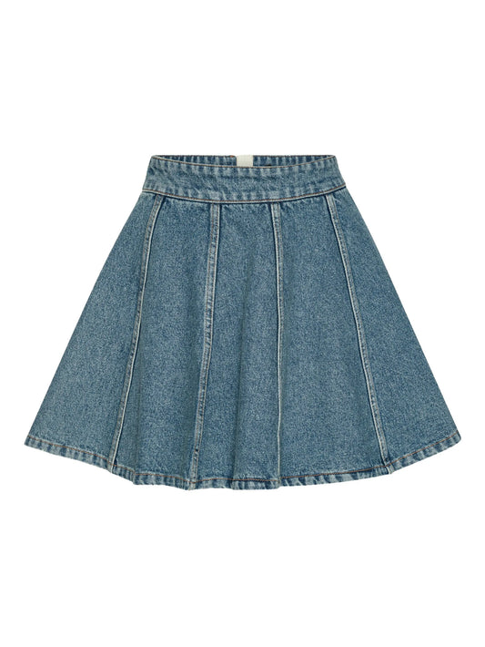 pleated denim mini skirt