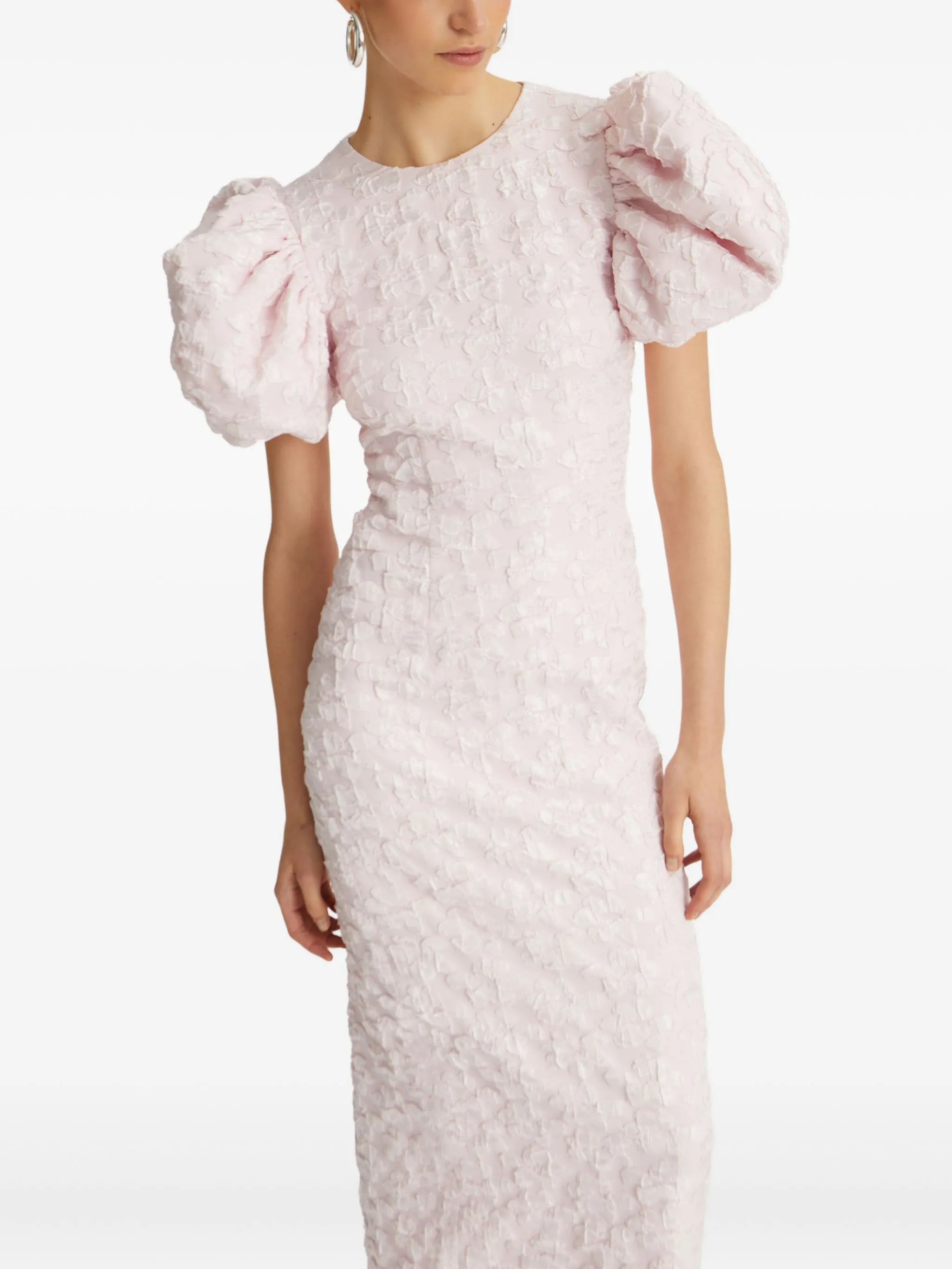 puff-sleeve jacquard midi dress