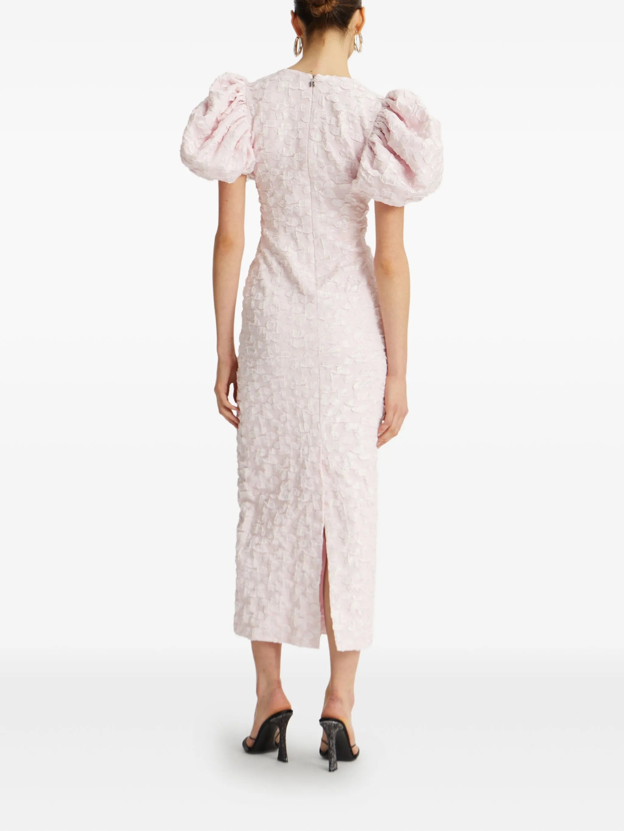 puff-sleeve jacquard midi dress