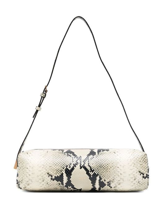 snakeskin cylindrical shoulder bag