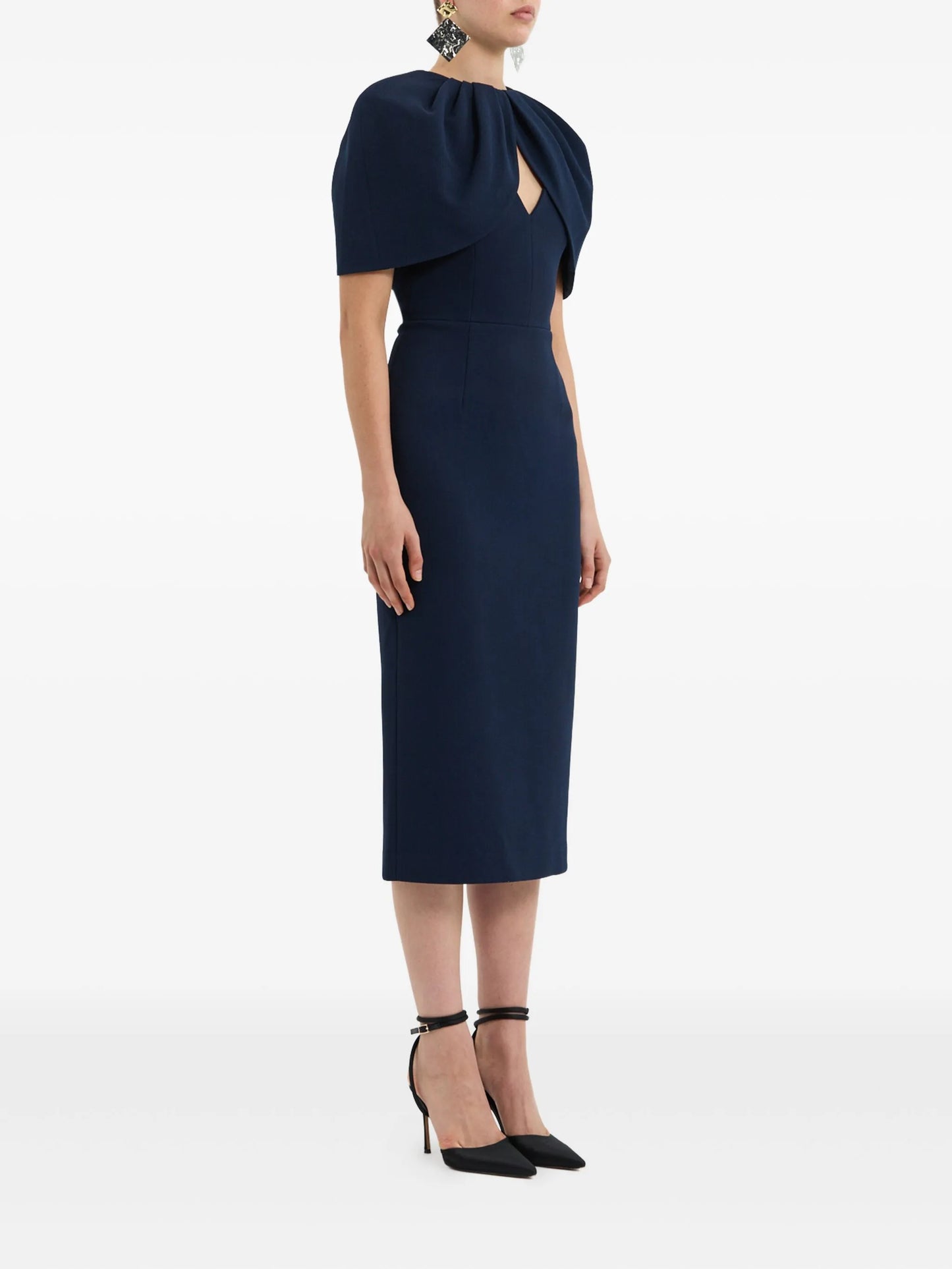 petal-sleeve draped midi dress