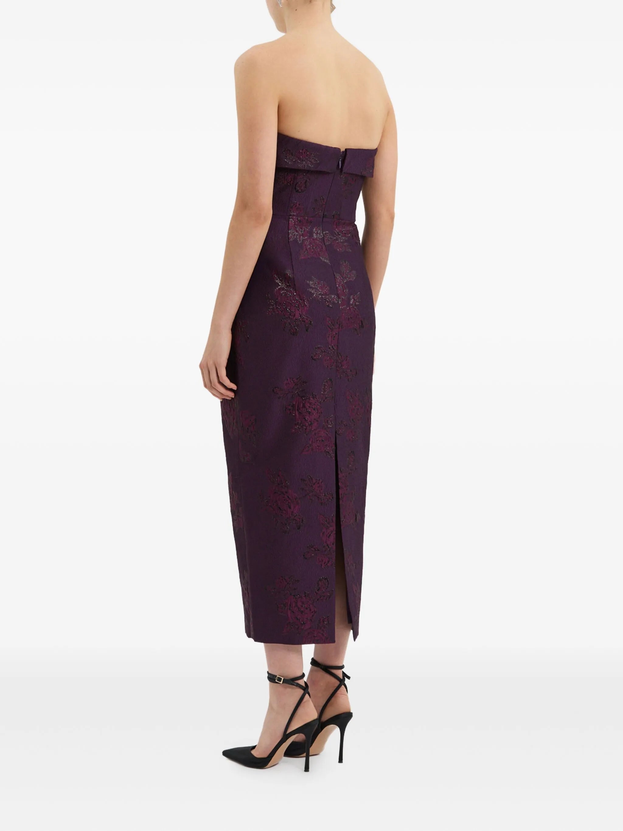strapless floral-brocade midi dress