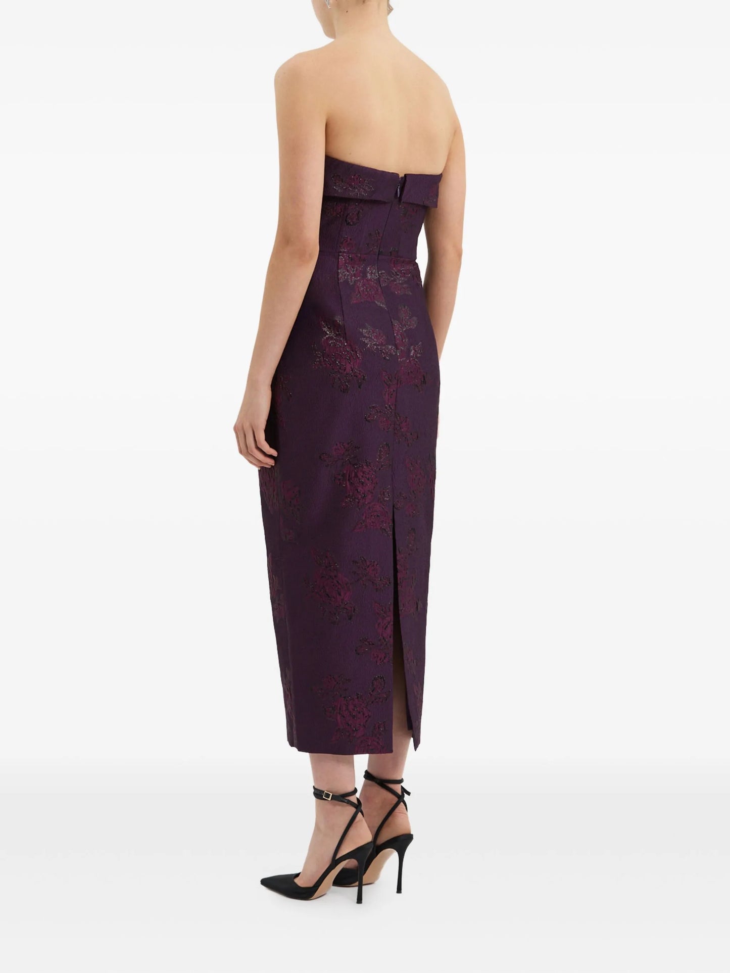 strapless floral-brocade midi dress