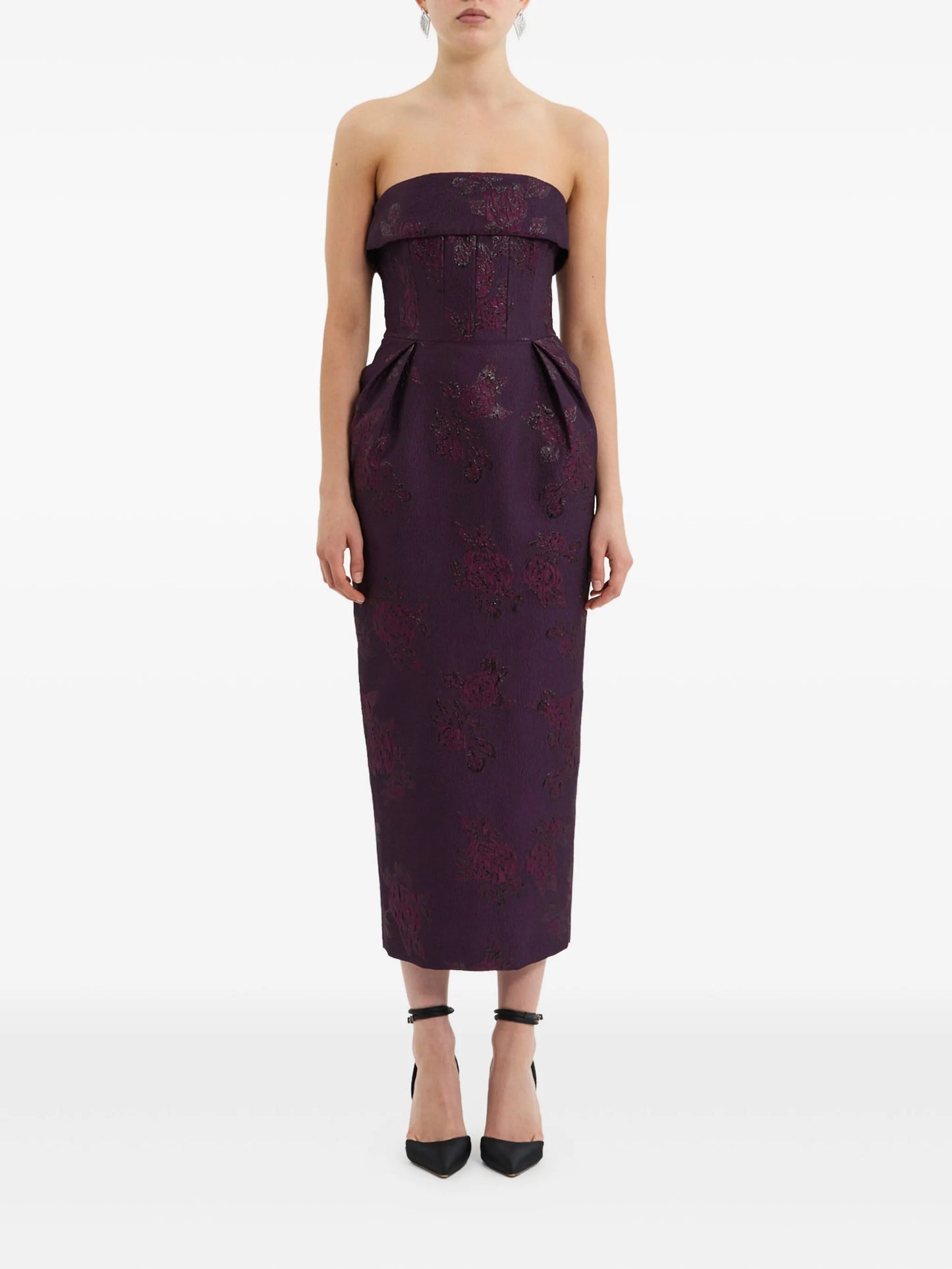 strapless floral-brocade midi dress