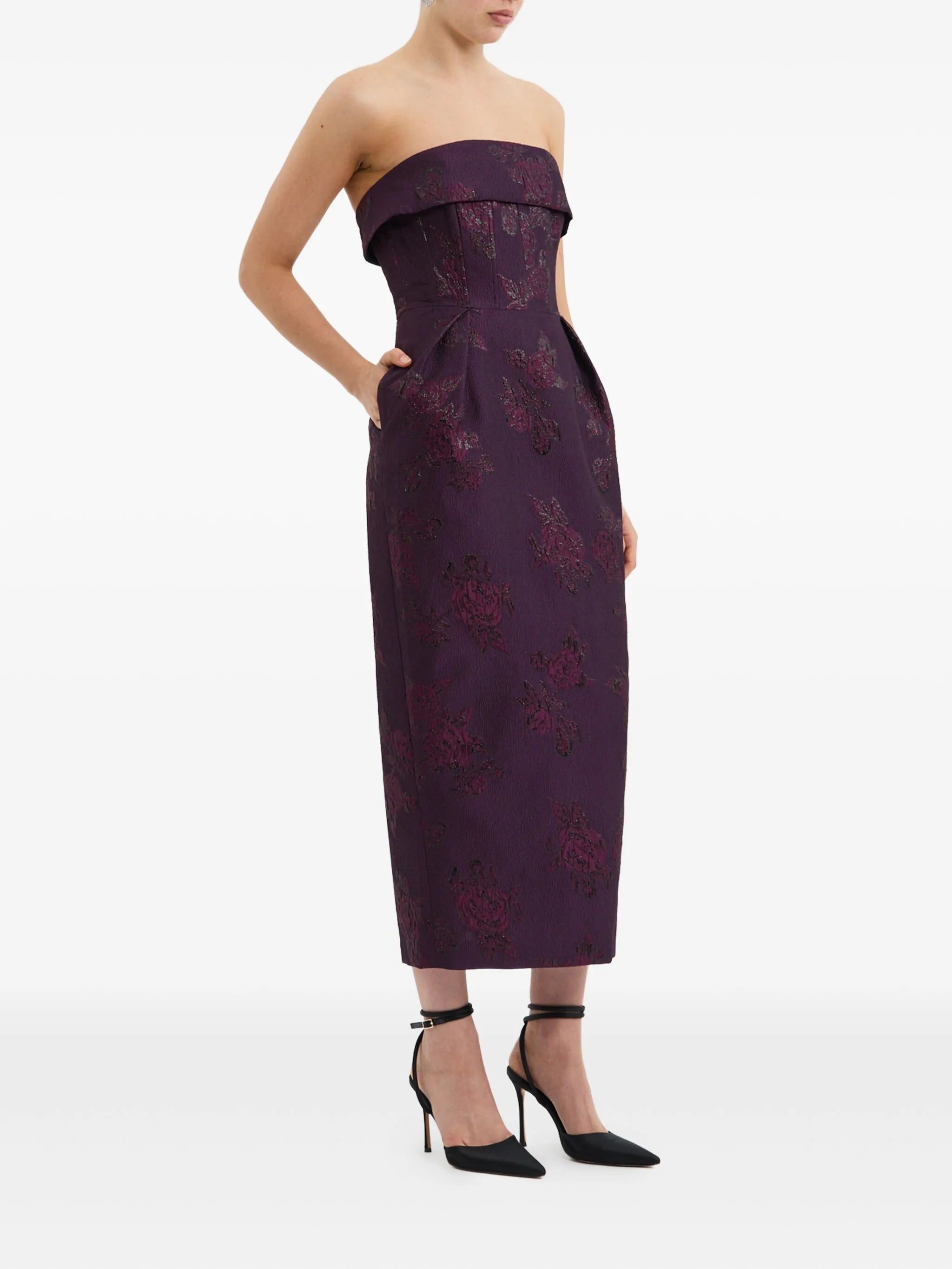 strapless floral-brocade midi dress