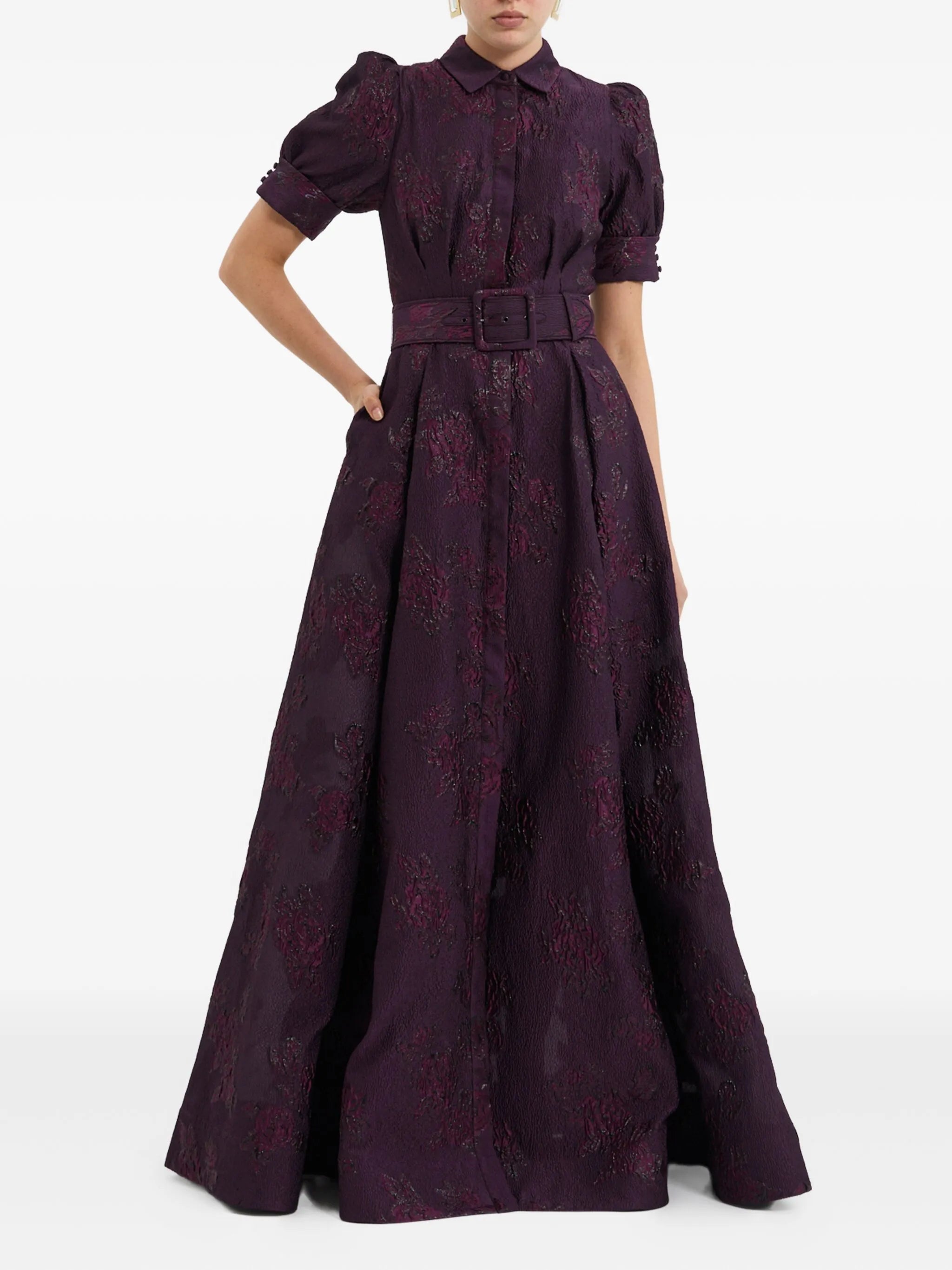 Afina puff-sleeve brocade gown