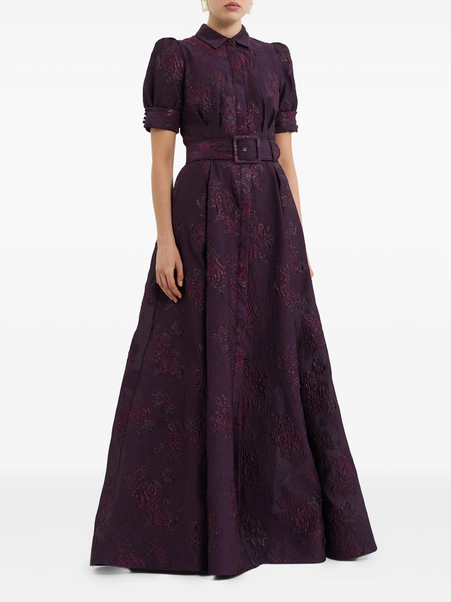 Afina puff-sleeve brocade gown